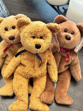 Ty Trio of Brown Beanie Babies Teddy Bears: “Teddy,” “Curly,” & “Fuzz”